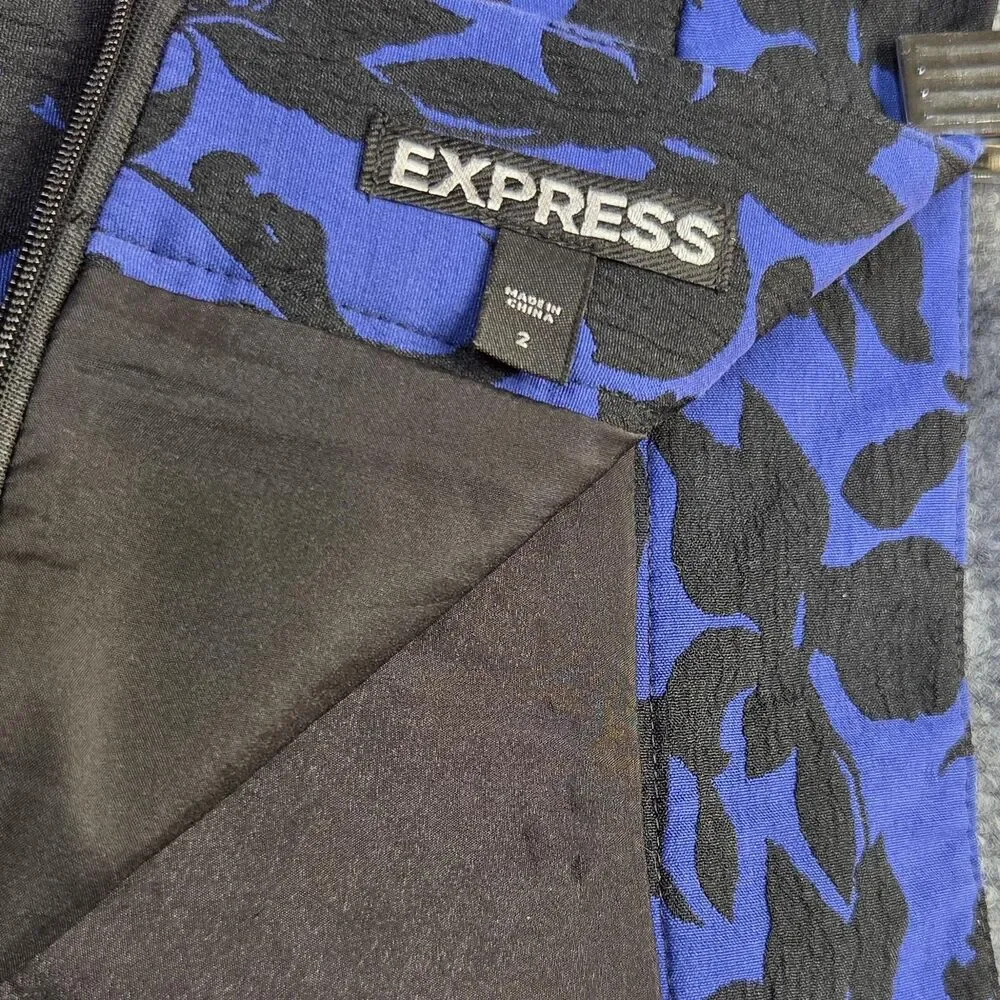 Express Skirt Womens 2 Blue Black Floral A-Line Short Mini Lined Jacquard Zip